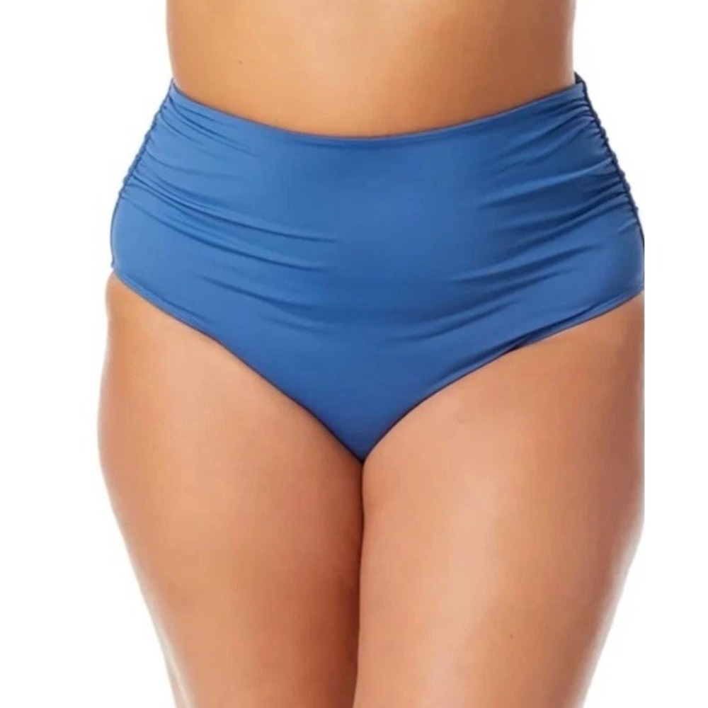 Anne Cole Blue Solid High-Waist Ruched Stretch Swim Bottom Plus 20W MYPB36001
